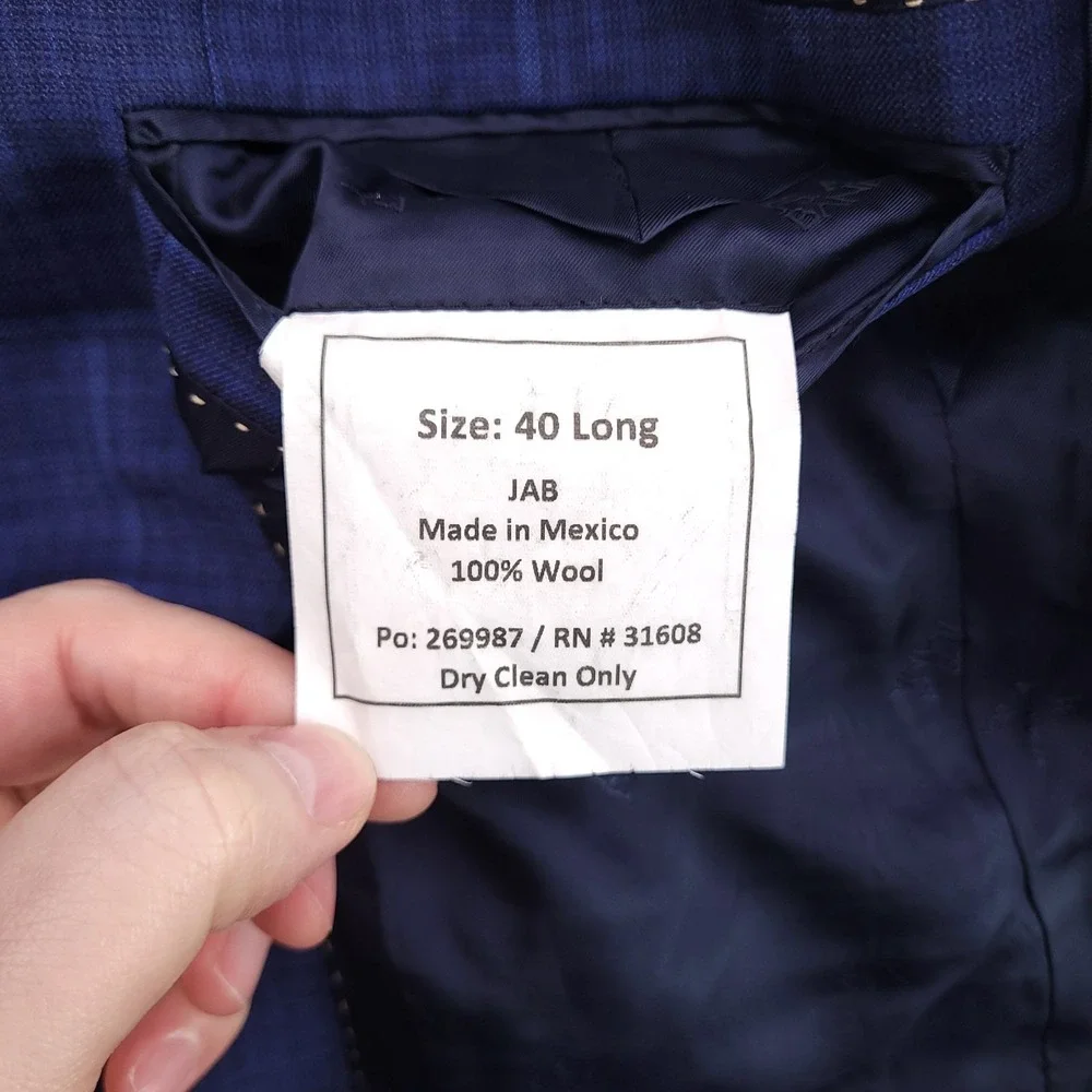 Jos A Bank Blazer Mens 40L Blue Windowpane Lanificio 120s Wool Cerruti Jacket